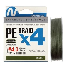 Плетеный шнур NAUTILUS Braid X4 135м 22,6кг 0,26мм Green