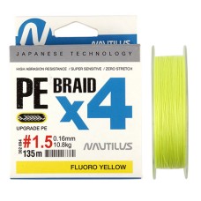 Плетеный шнур NAUTILUS Braid X4 135м 13.2кг 0,18мм Fluoro Yellow